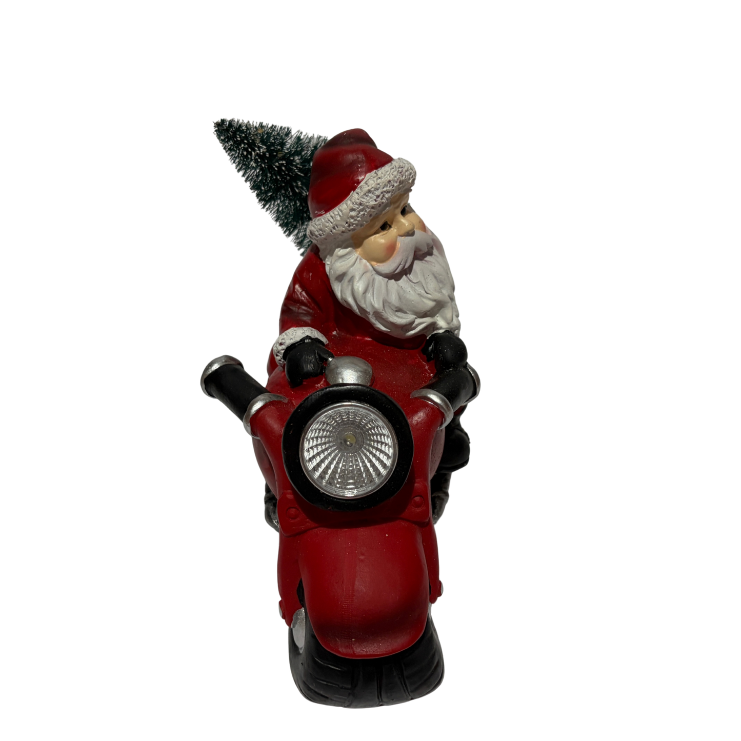 Santa Claus riding a red motorcycle with a Christmas tree on the back, featuring LED lights