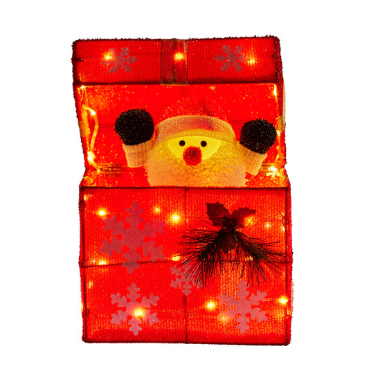 Red LED light-up gift box decoration with Santa popping out, snowflake and holly detail, lit