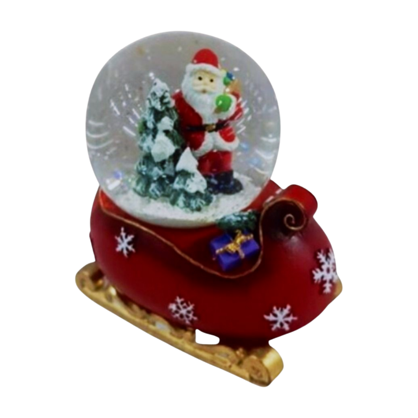 Santa sleigh snow globe featuring Santa with a gift bag and snowy tree inside a globe on a red sleigh with gold runners