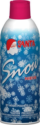 Aerosol can labeled 'Santa Snow' with snowflake design on a blue background