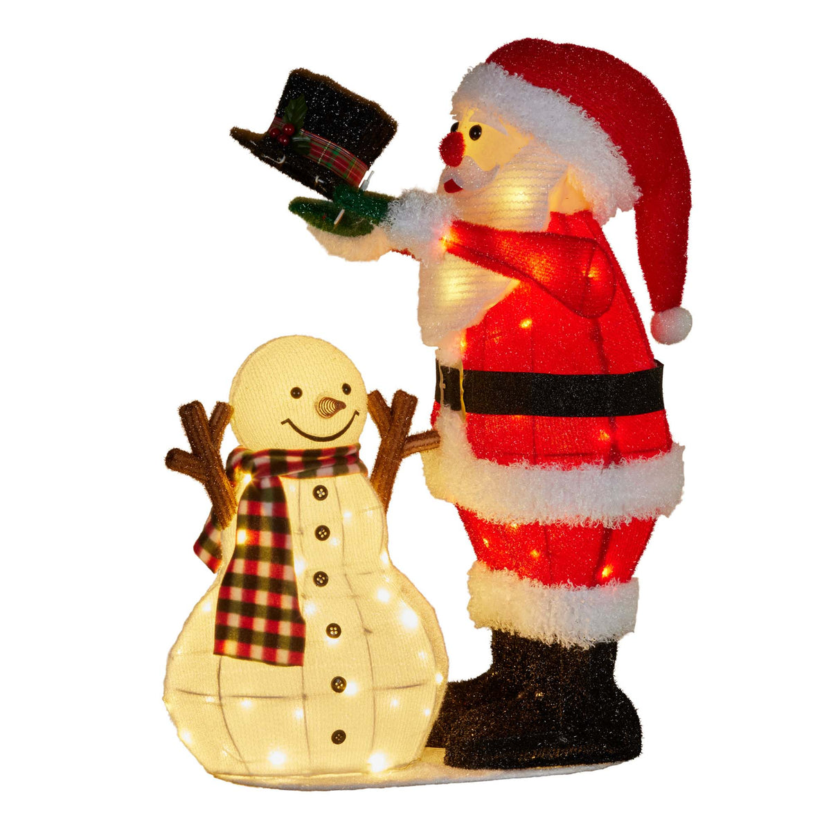 LED light-up Santa and snowman Christmas decoration with plaid scarf and holly detail, lit