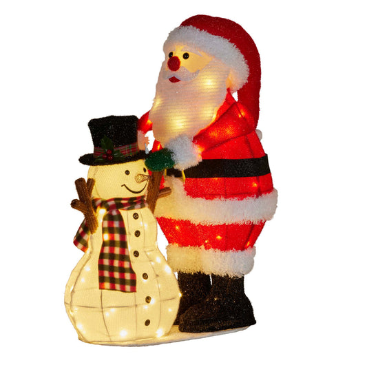 LED light-up Santa placing a top hat on a snowman Christmas decoration, lit with warm white lights