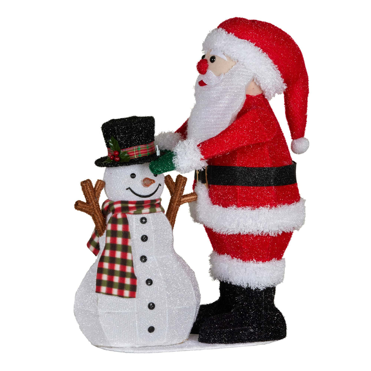 Santa and snowman Christmas decoration with plaid scarf and holly top hat detail, unlit
