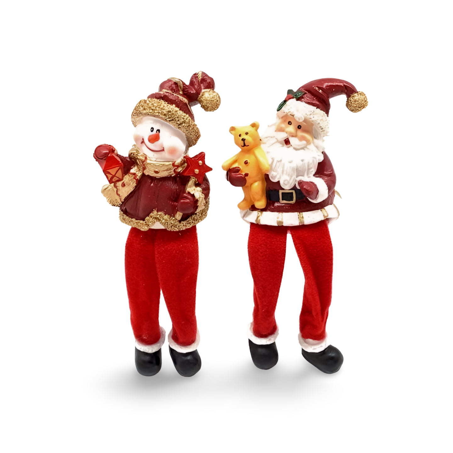 Santa Claus and snowman shelf sitter figurines with plush red legs, Santa holding a teddy bear, snowman holding a lantern and star.