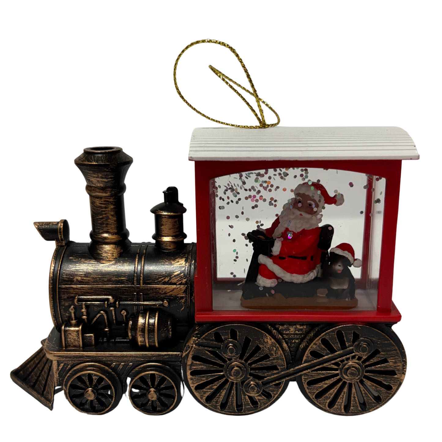 Mini lantern shaped like a vintage train with Santa inside and swirling glitter