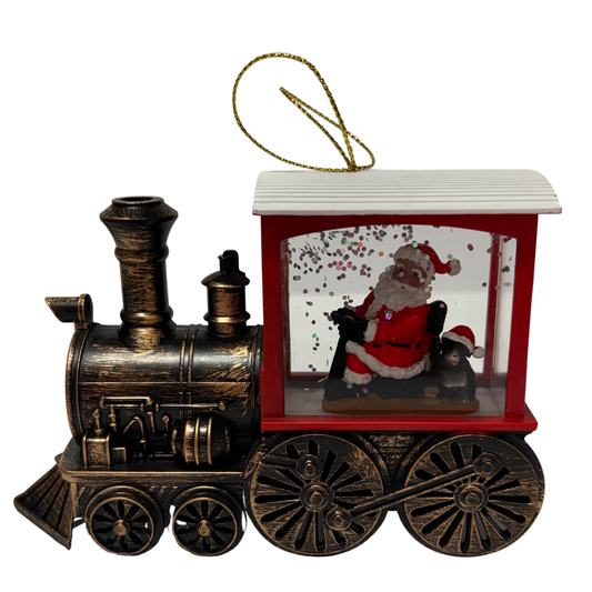Mini lantern shaped like a vintage train with Santa inside and swirling glitter