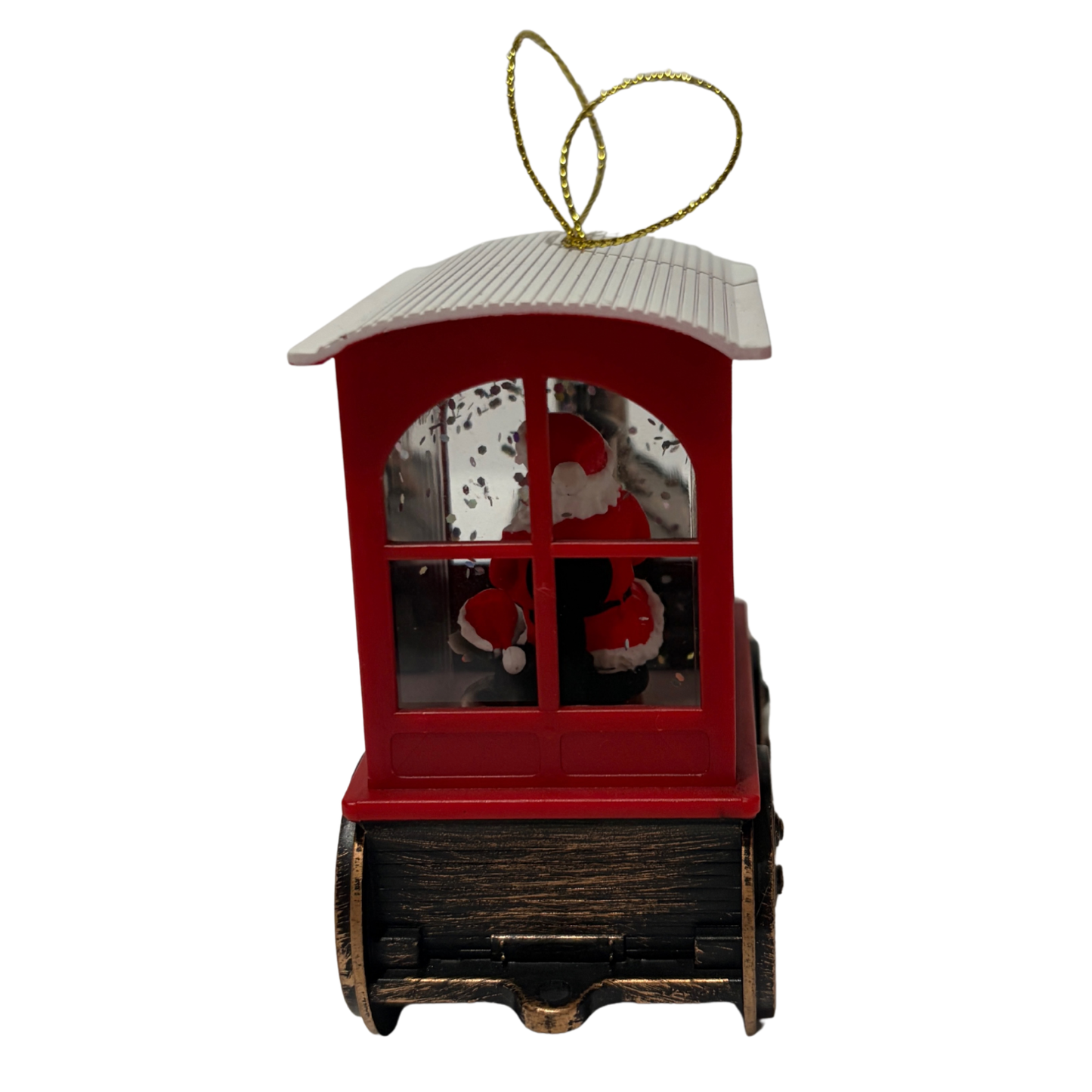 Mini lantern shaped like a vintage train with Santa inside and swirling glitter