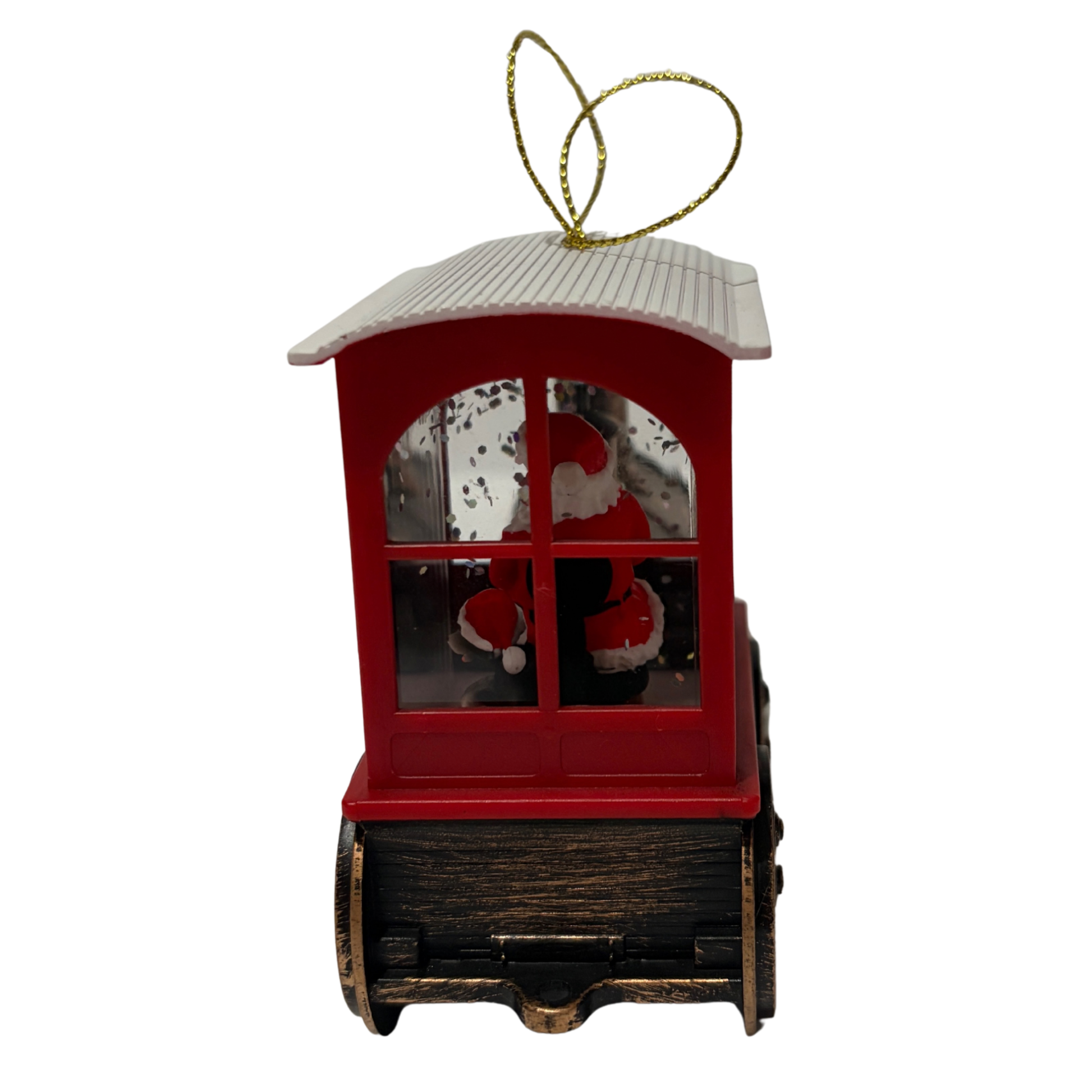 Mini lantern shaped like a vintage train with Santa inside and swirling glitter