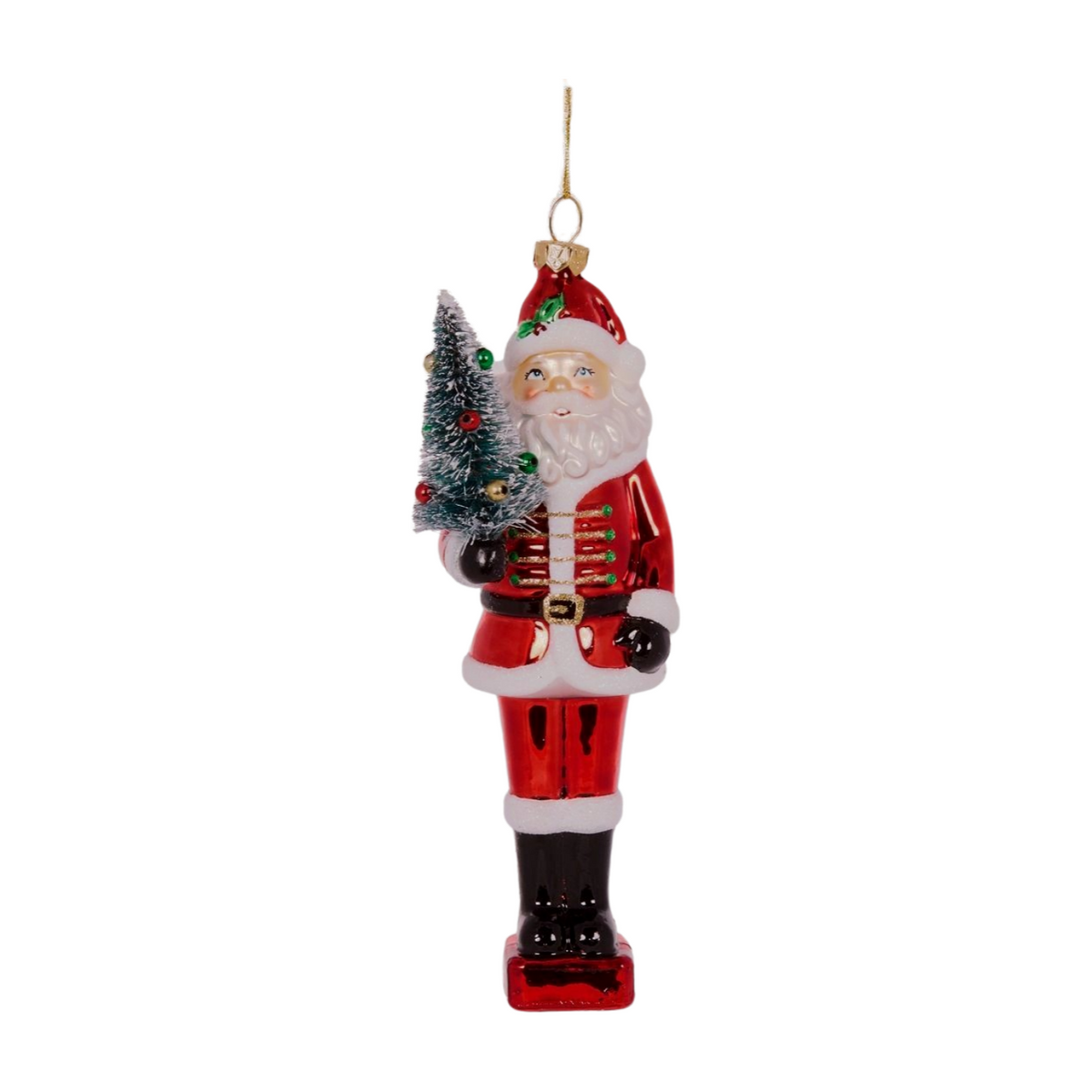 Santa decoration holding a small bottle-brush Christmas tree with colorful baubles and gold hanging string