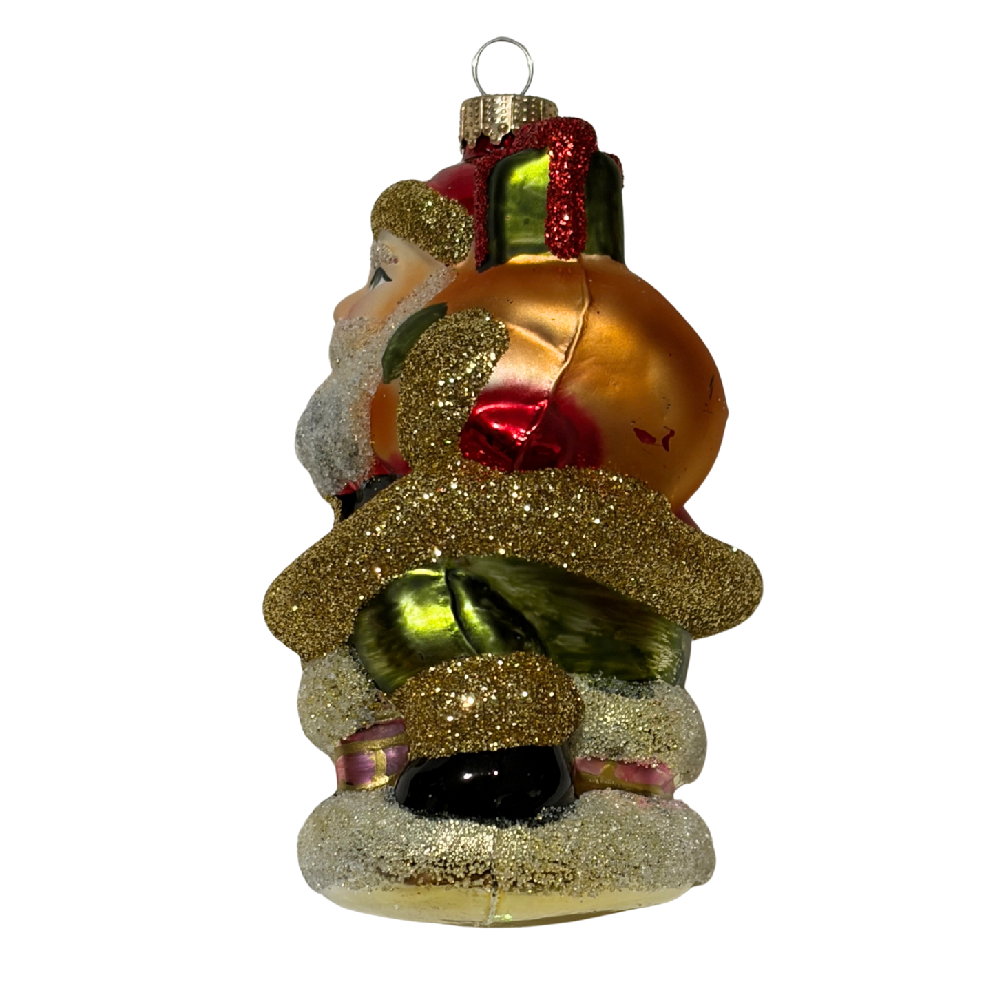Santa Claus Christmas tree decoration wearing a red outfit and holding a golden gift