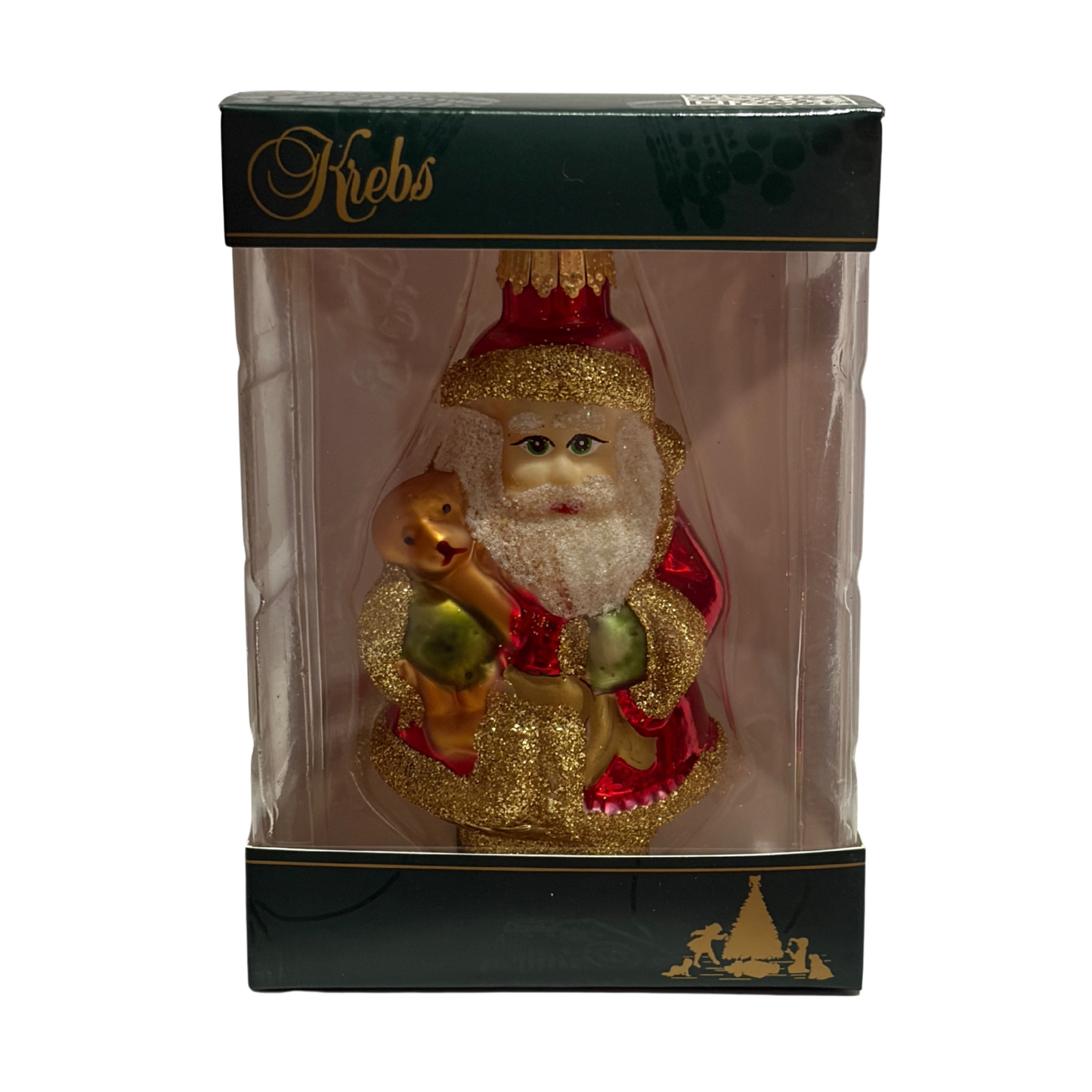 Decorative Santa Claus ornament in a clear plastic packaging with Kiebs branding.