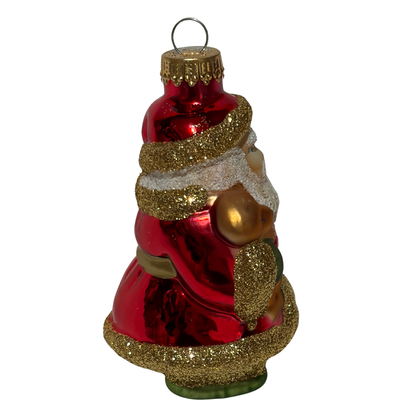 Santa Claus Christmas tree decoration wearing a gold and red outfit, holding a teddy bear and green gift