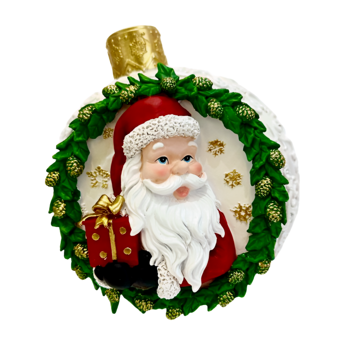 Front view santa bauble in a red suit framed by a green wreath with gold pinecones and cap with gold snowflakes