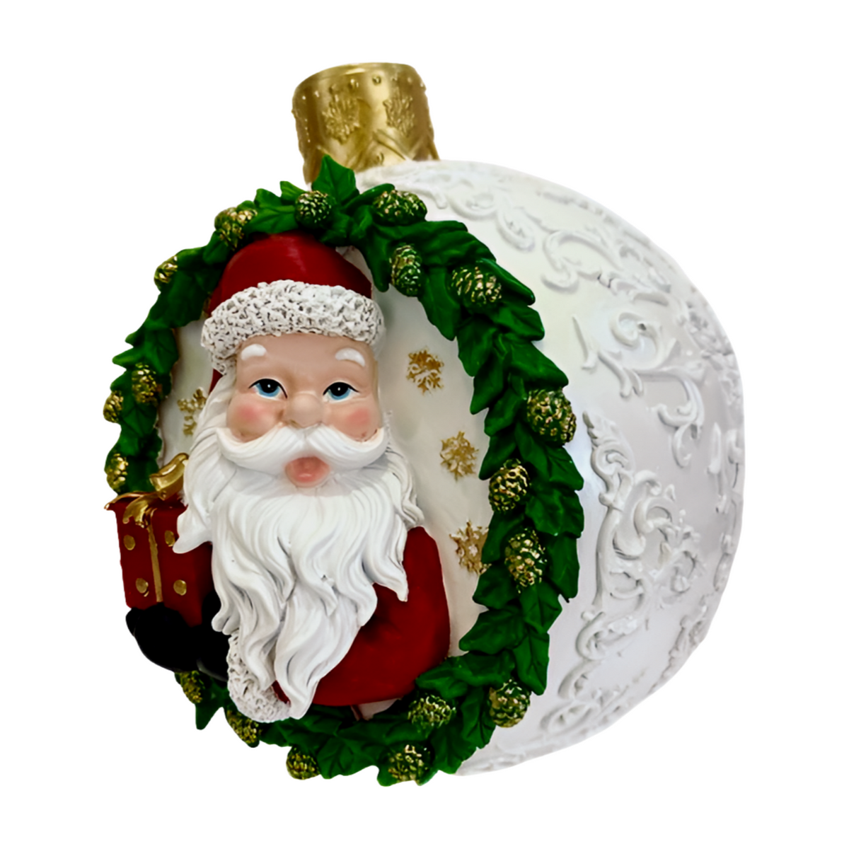 Side view santa bauble in a red suit framed by a green wreath with gold pinecones and cap with gold snowflakes