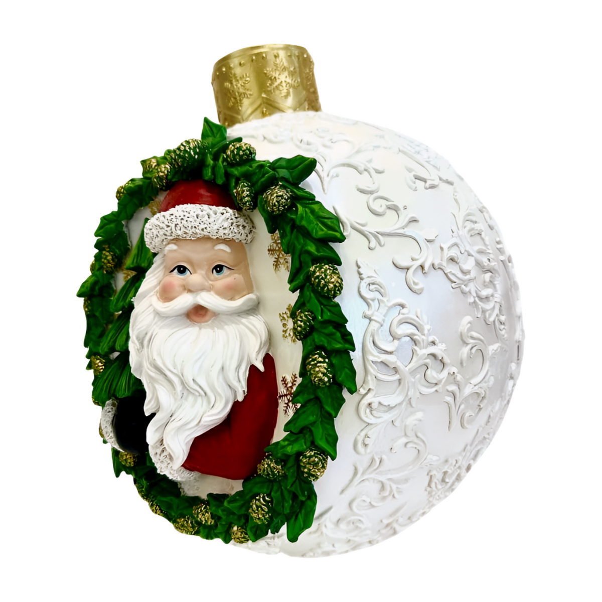 Santa bauble in a red suit framed by a green wreath with gold pinecones and cap with gold snowflakes