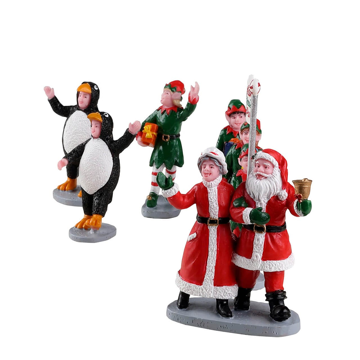 Full set of Lemax Santa's Christmas Parade figures with Santa, Mrs Claus, elves and penguin costumes