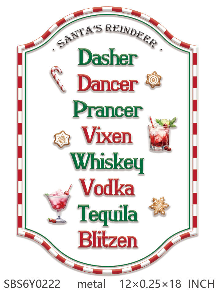 Metal sign with Santa’s reindeer names replaced by festive drinks and a red and white candy cane border
