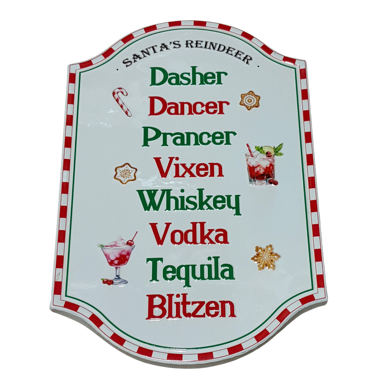 Metal sign with Santa’s reindeer names replaced by festive drinks and a red and white candy cane border