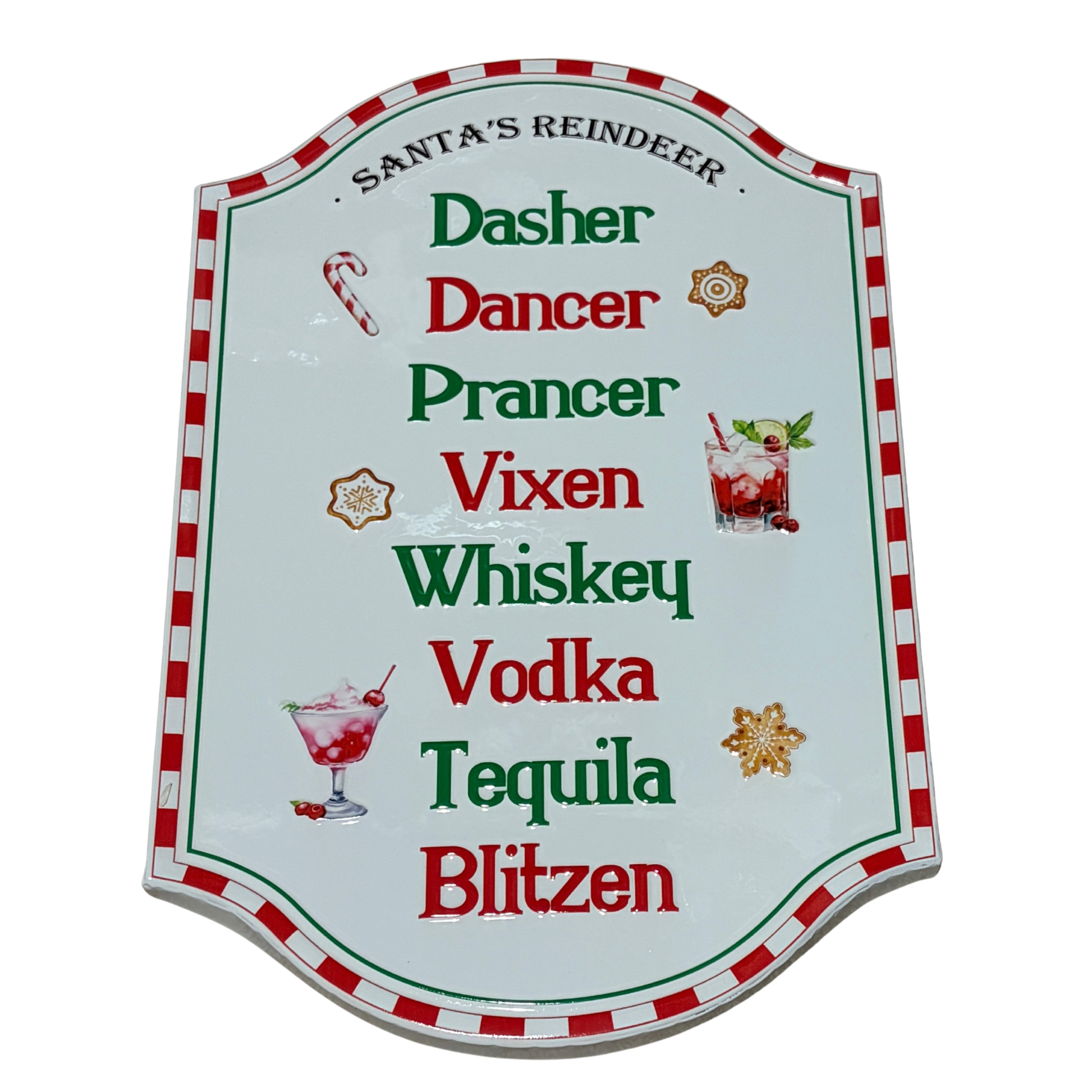 Metal sign with Santa’s reindeer names replaced by festive drinks and a red and white candy cane border