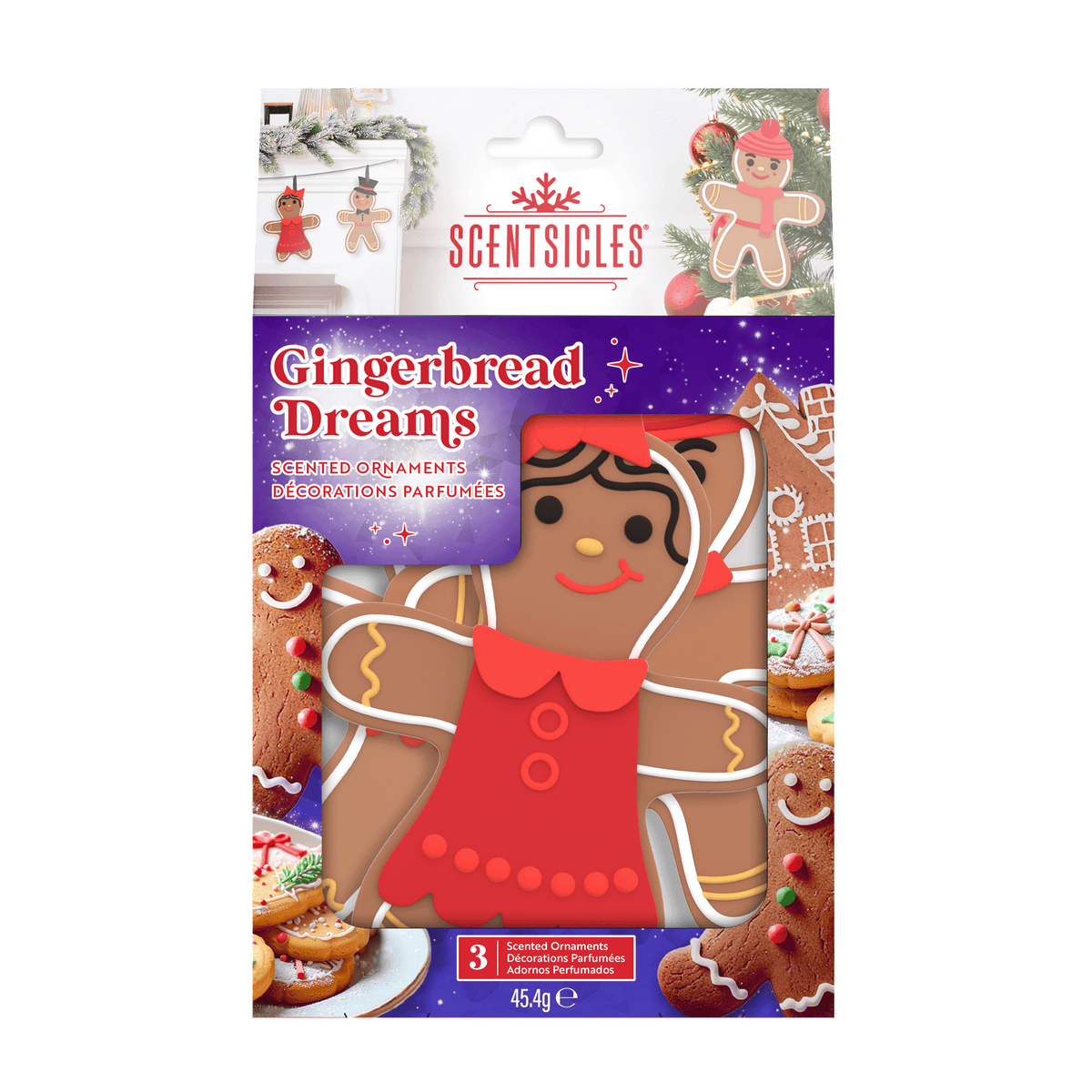 Scentsicles Gingerbread Dreams scented ornaments, front of packaging