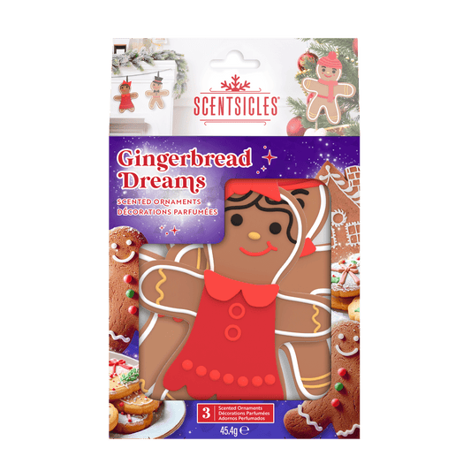 Scentsicles Gingerbread Dreams scented ornaments, front of packaging