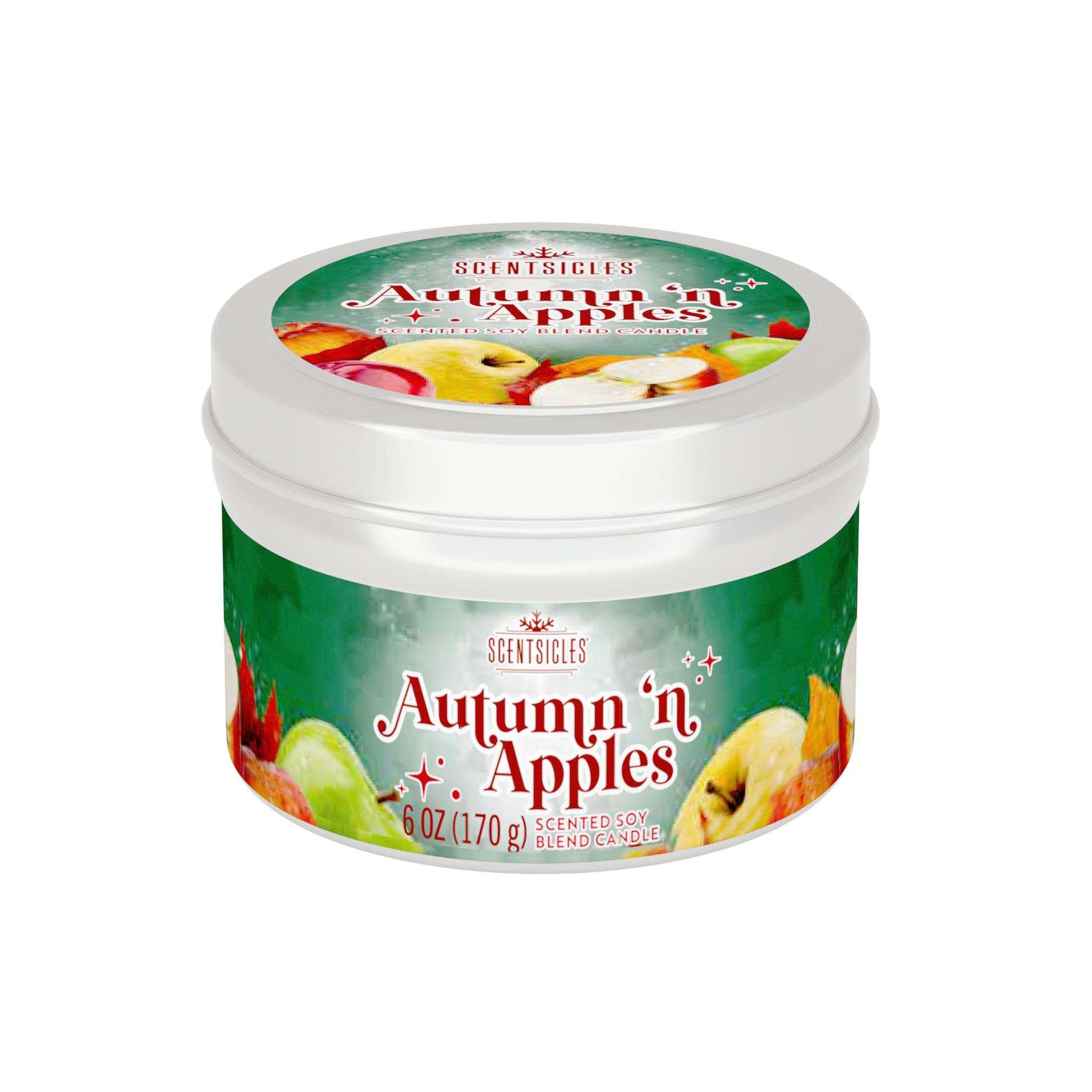 Scented candle jar labeled 'Autumn 'n Apples' on a white background