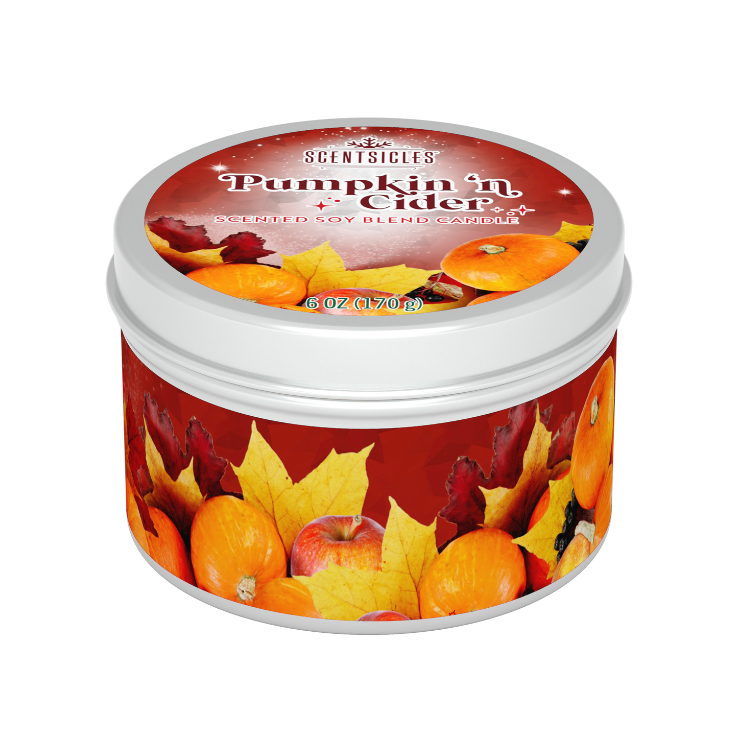 Scentsicles Pumpkin 'N Cider candle in a tin with autumn-themed design on a white background