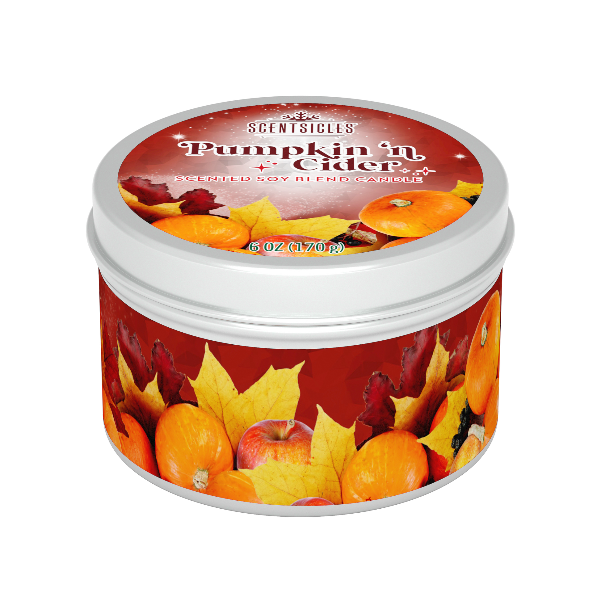 Scentsicles Pumpkin 'N Cider candle in a tin with autumn-themed design on a white background