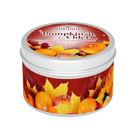 Scentsicles Pumpkin 'N Cider candle in a tin with autumn-themed design on a white background