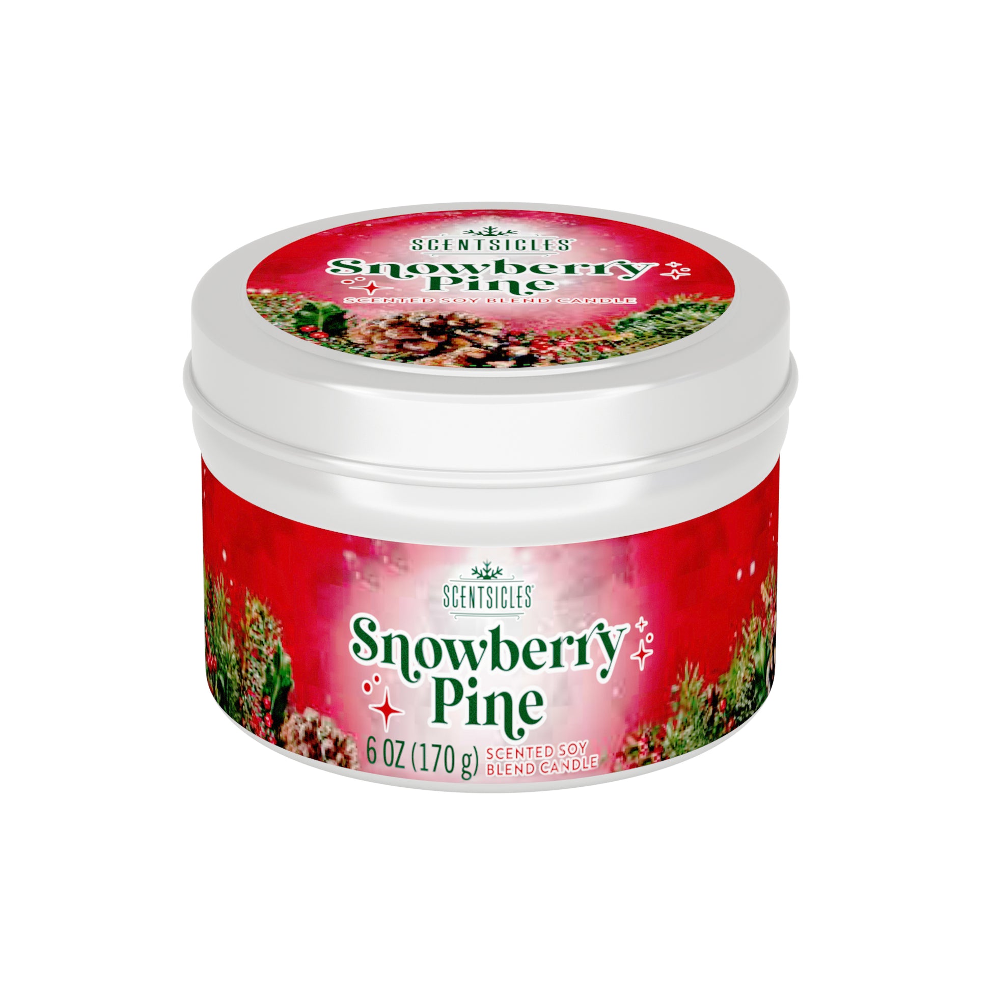 Snowberry Pine scented candle jar with red label on a white background