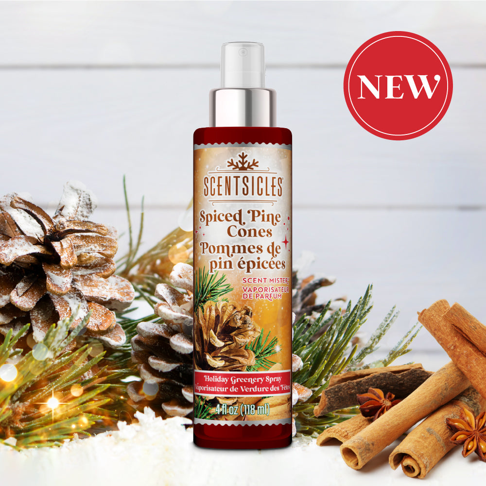 Scentsicles Spiced Pine Cones scent mist bottle with decorative elements on a light background