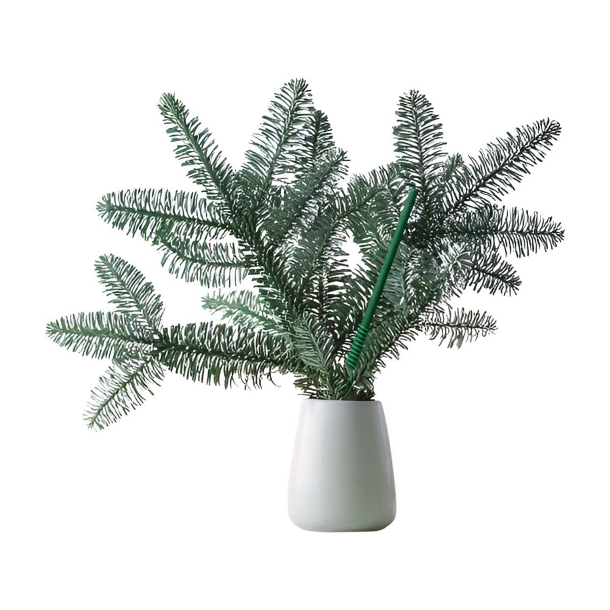 Green Scentsicles Scenter Stake displayed among fresh pine branches in a white vase