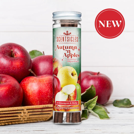 Scentsicles Autumn Apples scented ornament packaging with red apples on a white background
