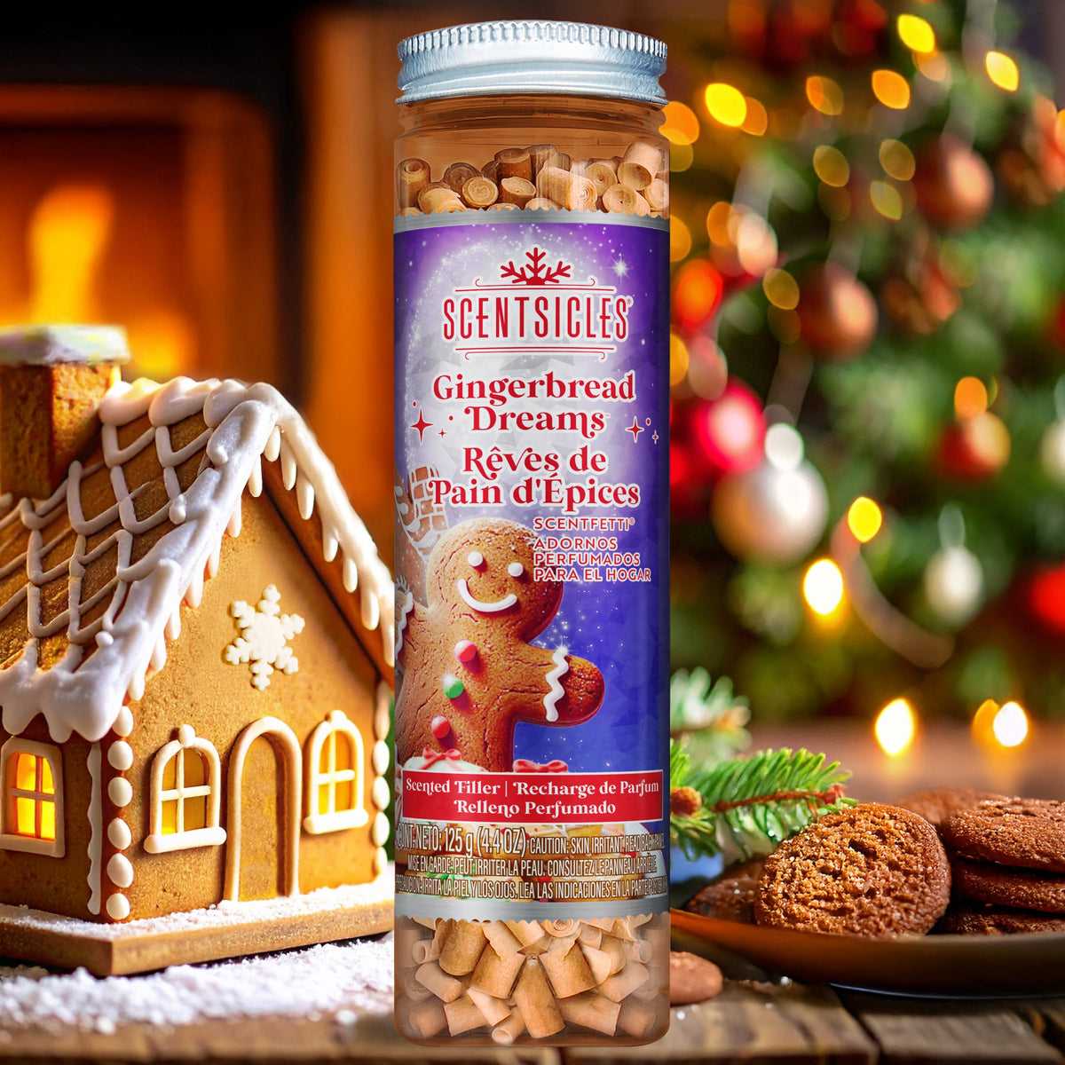 Scentsicles Gingerbread Dreams jar styled beside a gingerbread house and Christmas tree