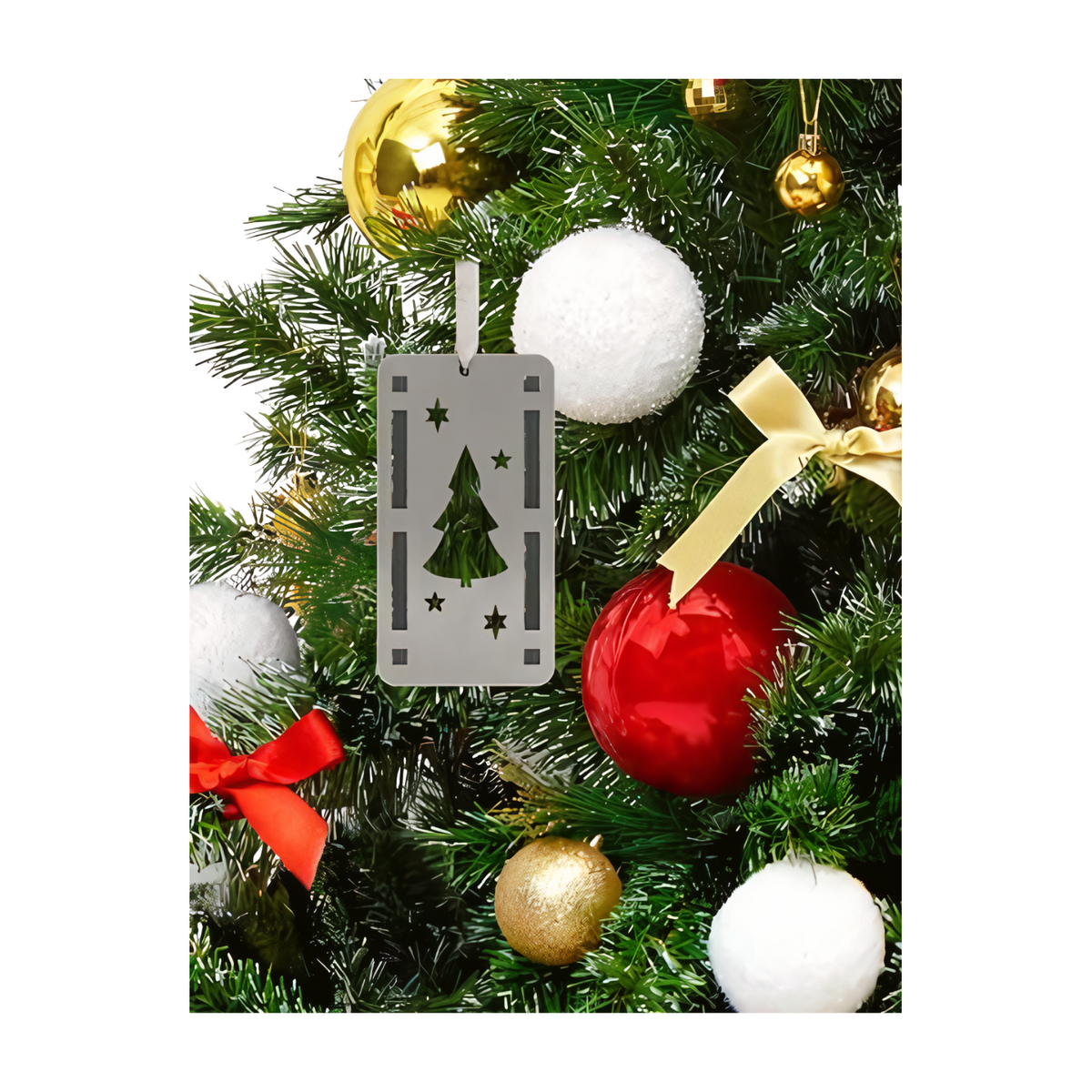 Scentsicles tree-shaped ornament holder hanging among baubles on a Christmas tree