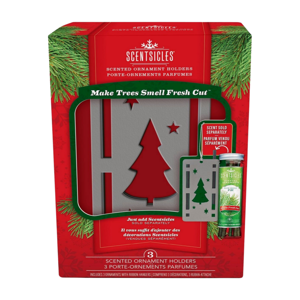 Scentsicles scented ornament holders gift box, front view, pack of 3