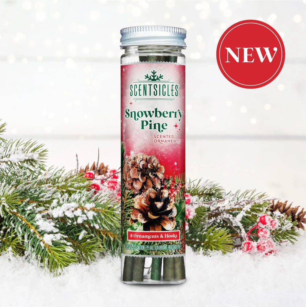 Scentsicles Snowberry Pine scented ornament packaging with festive background