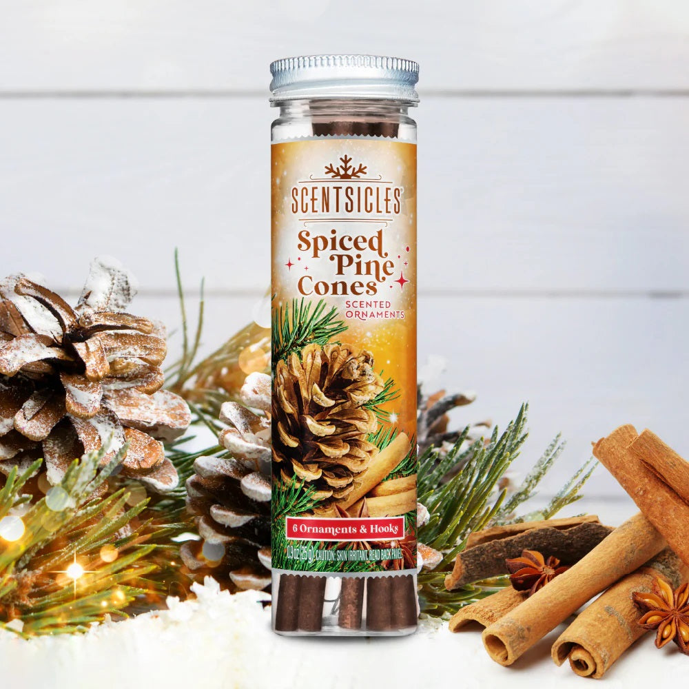 Spiced Pine Cones scented ornament tube with pine cones and cinnamon sticks on a white background