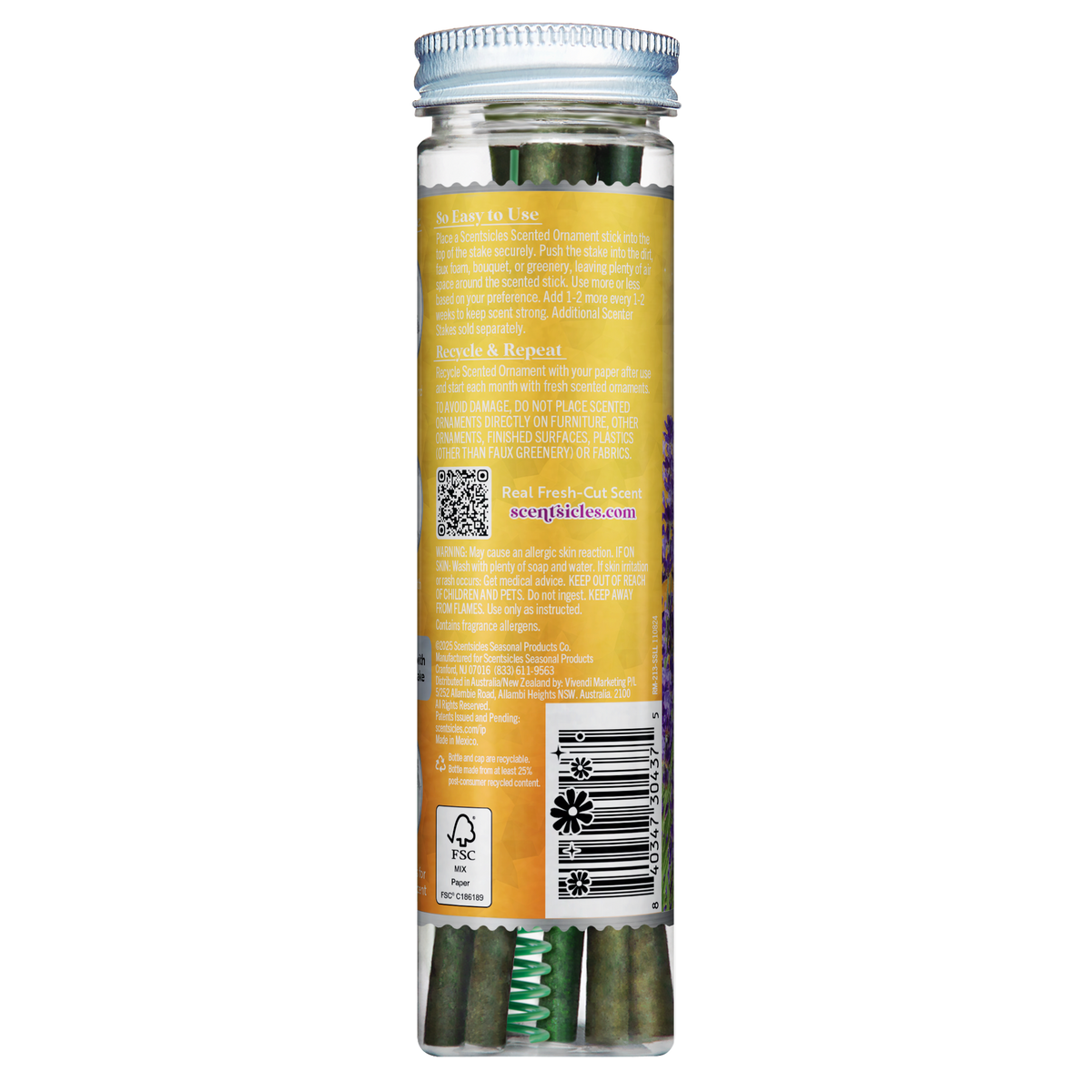 Side label of Scentsicles Sun-Soaked Lavender scented ornaments jar showing usage instructions