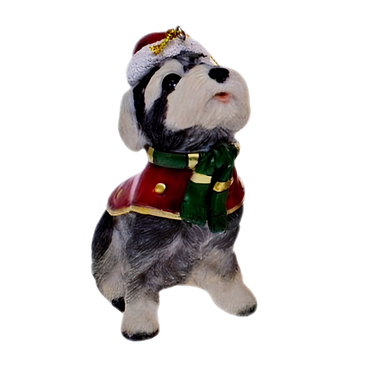 Sitting schnauzer dog ornament wearing a red coat, green scarf and white winter hat