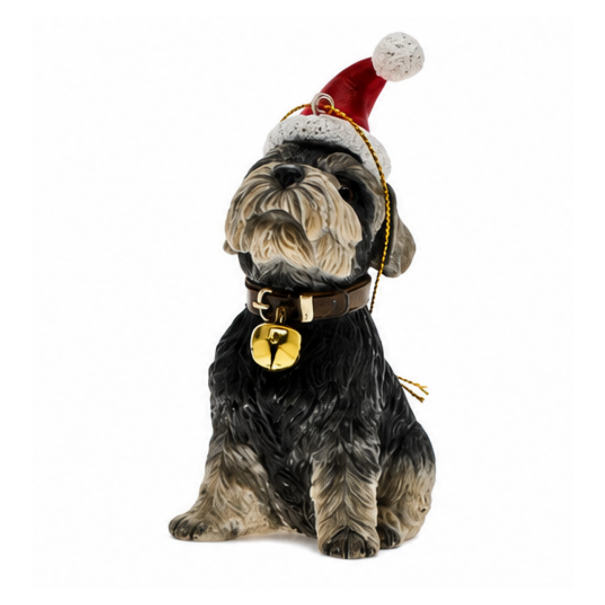Sitting grey schnauzer dog Christmas ornament wearing a red Santa hat and bell collar