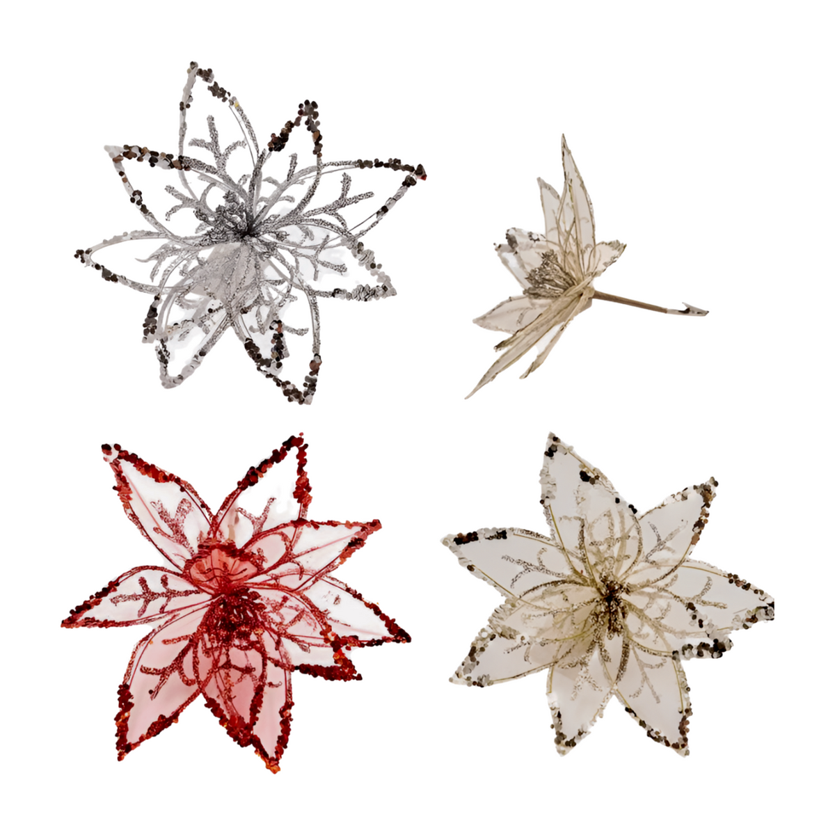 Three sequin mesh poinsettia Christmas picks in silver, red and gold colourways