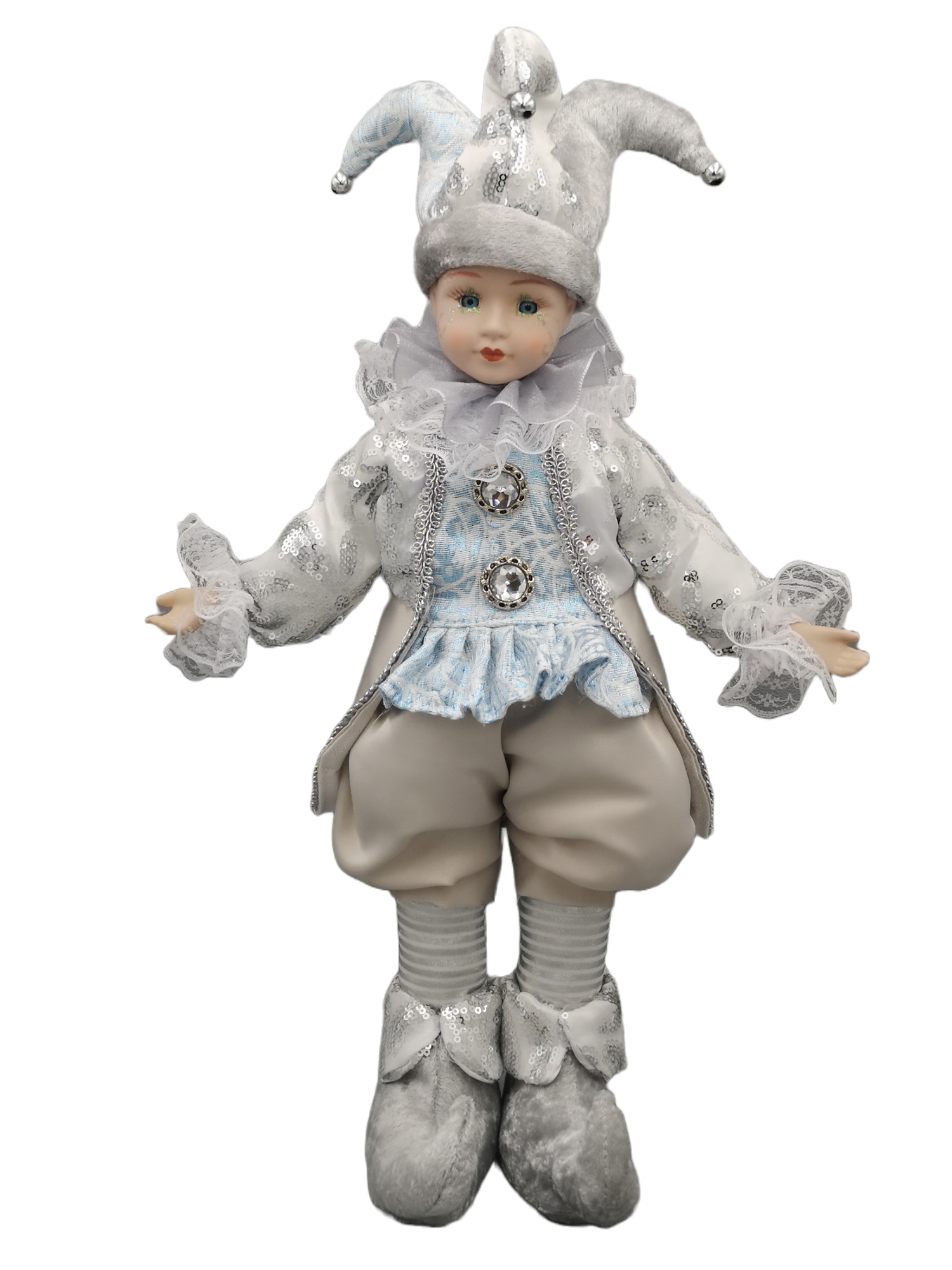 Musical elf doll dressed in silver and blue with a jester-style hat and lace collar