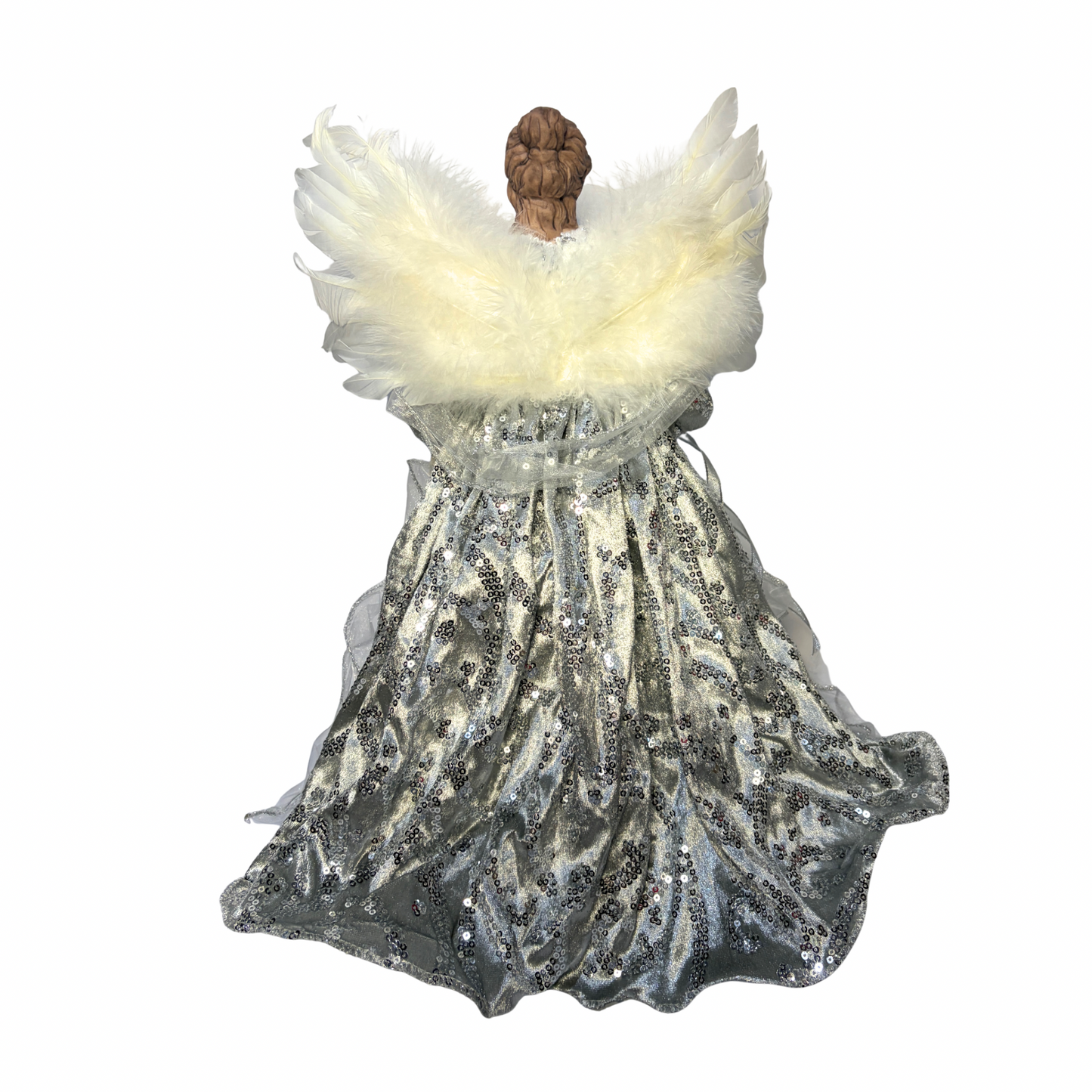 Christmas tree topper angel figurine with white feathered wings, wearing a silver and white gown with sequins and faux fur trim
