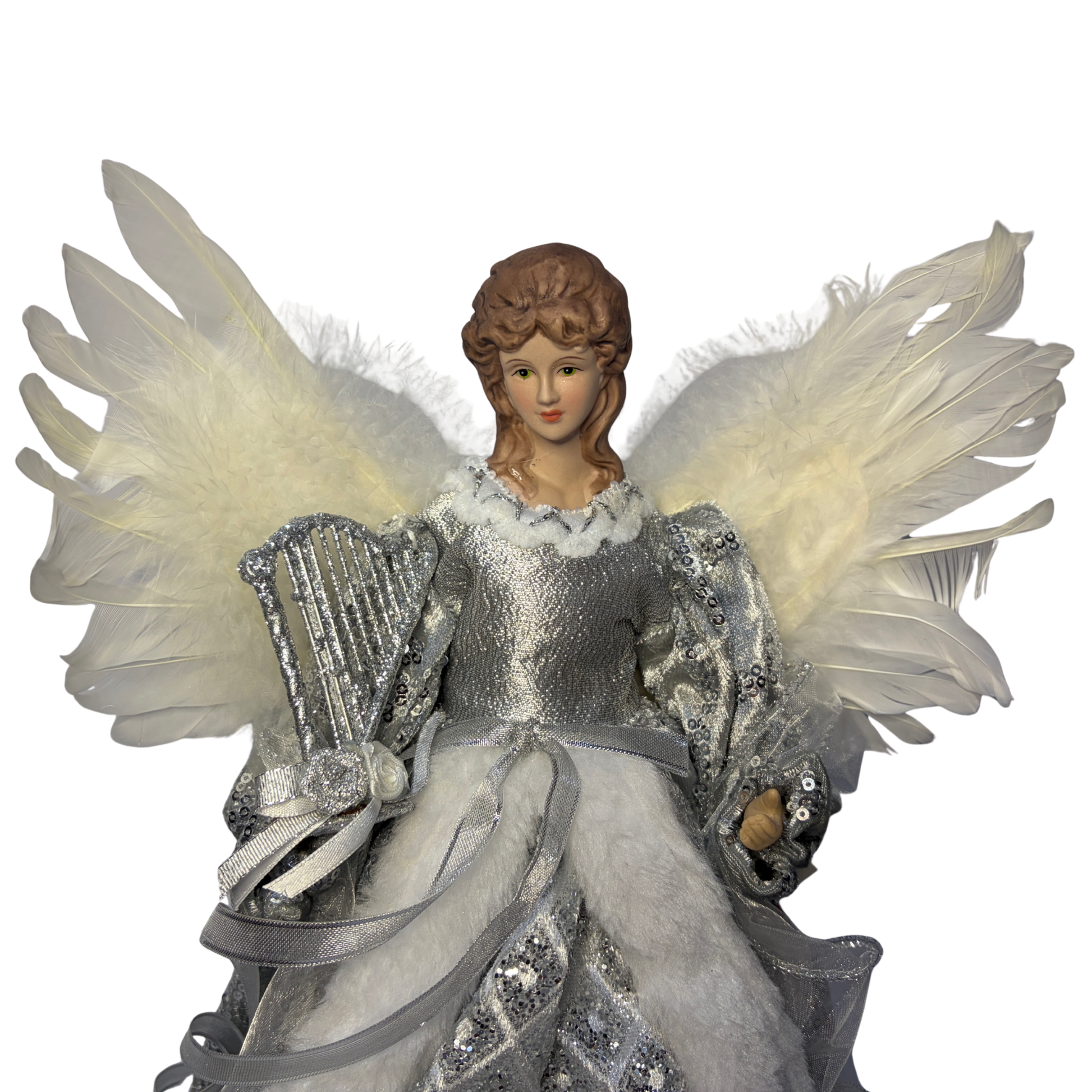Christmas tree topper angel figurine with white feathered wings, wearing a silver and white gown with sequins and faux fur trim