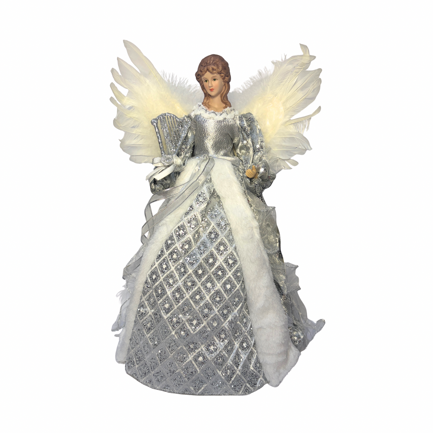 Christmas tree topper angel figurine with white feathered wings, wearing a silver and white gown with sequins and faux fur trim