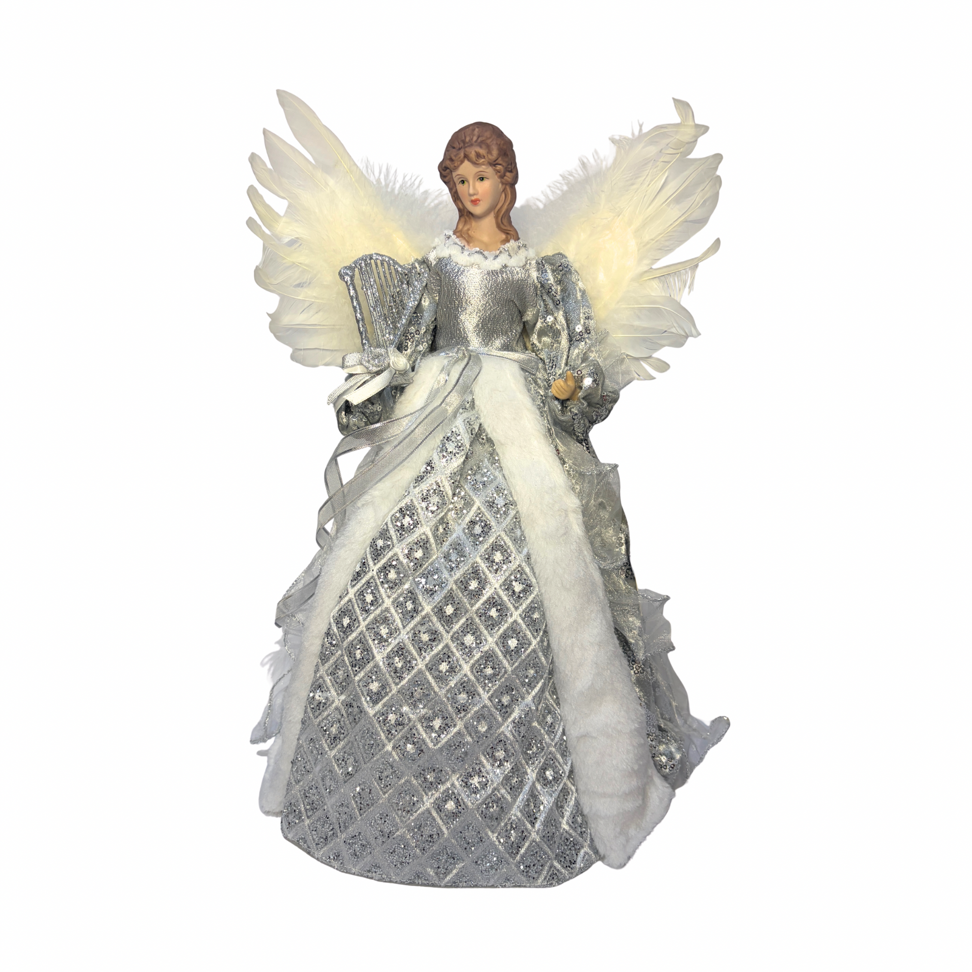 Christmas tree topper angel figurine with white feathered wings, wearing a silver and white gown with sequins and faux fur trim