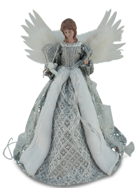 Christmas tree topper angel figurine with white feathered wings, wearing a silver and white gown with sequins and faux fur trim