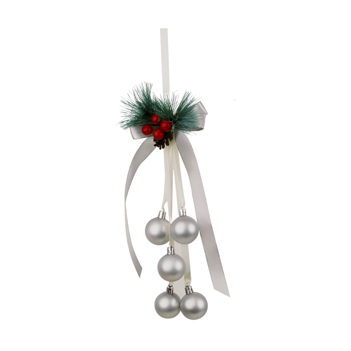 Silver bauble cluster door hanger with silver ribbon bow, frosted pine sprigs, red berries, and a pinecone