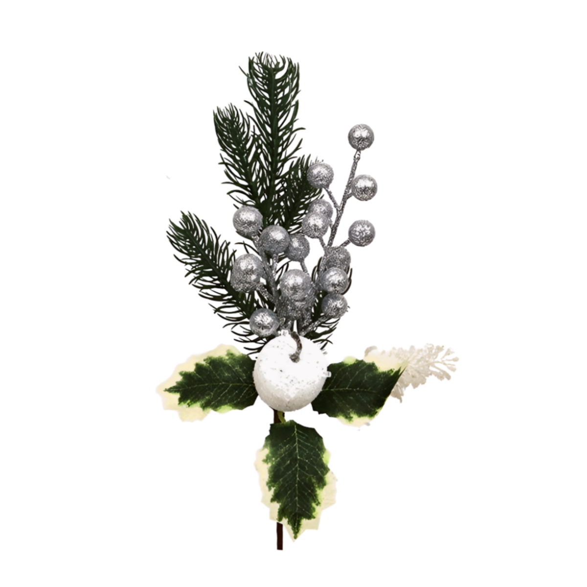 Silver Christmas pick with pine sprigs, silver glitter berry clusters, frosted apple, and variegated holly leaves